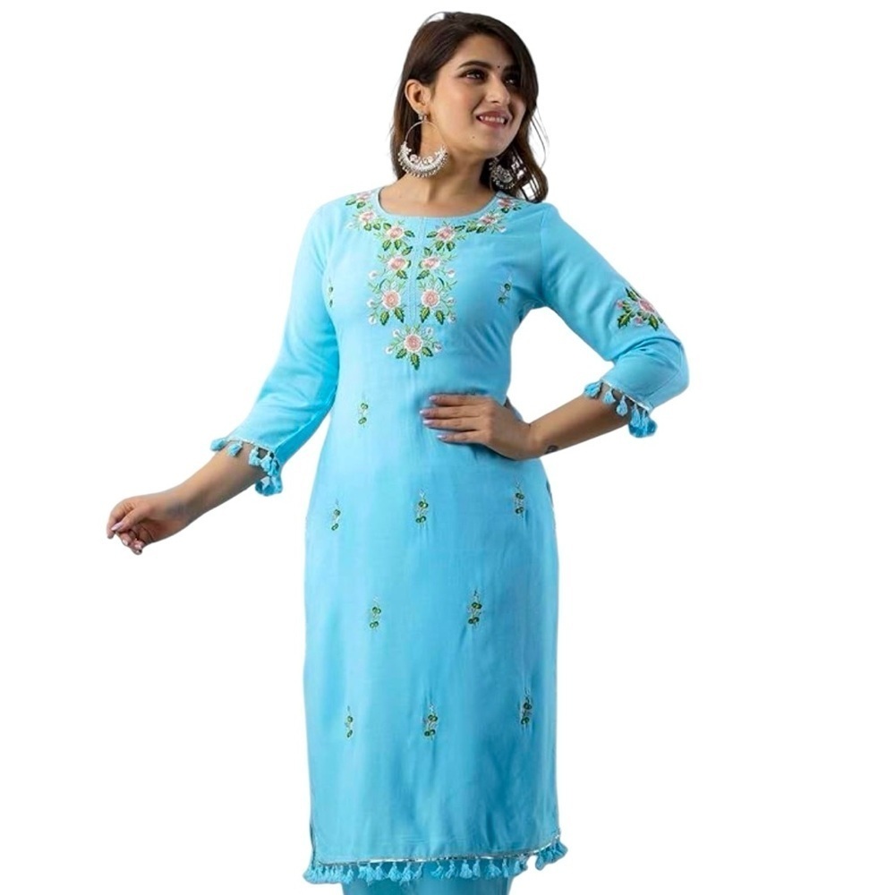 Vintage Floral Embroidered Indian Kurti Aqua Blue  (KURTI Only)